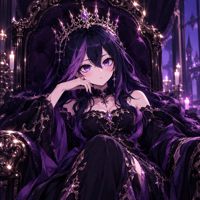 An anime-style illustration depicts a purple-haired girl wearing an ornate crown and a dark gothic dress, seated on a throne in a purple-lit castle setting.