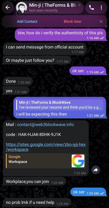 A Telegram chat screenshot showing a "recruiter" named Min-ji claiming to be from "TheForms & BlockWave," who when asked to verify his legitimacy offered to message from the official account or have the user follow him instead—failing to provide any actual proof—and then shared a Google Workspace link (sites.google.com/view/zbo-iyji-hex) with access code HAK-HJAK-80HK-9J1K, illustrating the scam pattern described in the post.