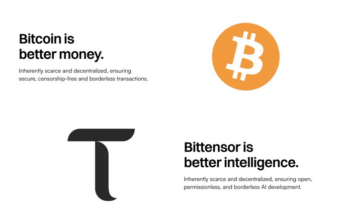 The image features a white background with three different logos related to Bitcoin. The first logo displays an orange Bitcoin symbol along with the text "Bittensor is better money." The second logo shows a black letter "T" against a white background, accompanied by the phrase "T is better intelligence". The third logo has an orange Bitcoin symbol and the words "infently scarce and decryption-proof, securing ownership free and borderless transactions". These logos are arranged in a row on the image.