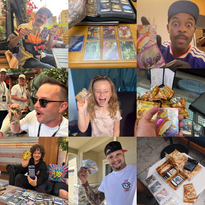 A collage of nine photos showing various people excitedly holding and displaying Pokémon trading cards, including holograhic and special edition cards.