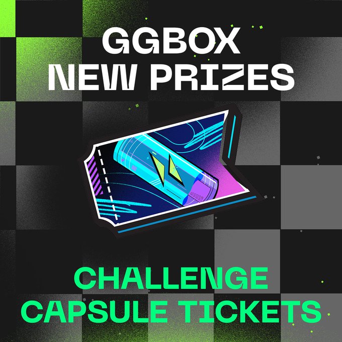 Promotional graphic for 'GGBOX NEW PRIZES' advertising 'CHALLENGE CAPSULE TICKETS' with a stylized ticket illustration on a checkered background.