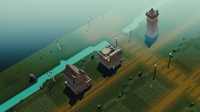 An aerial isometric view of a voxel-based video game landscape features blocky buildings, tilled farm fields, and a small river cutting through the terrain.
