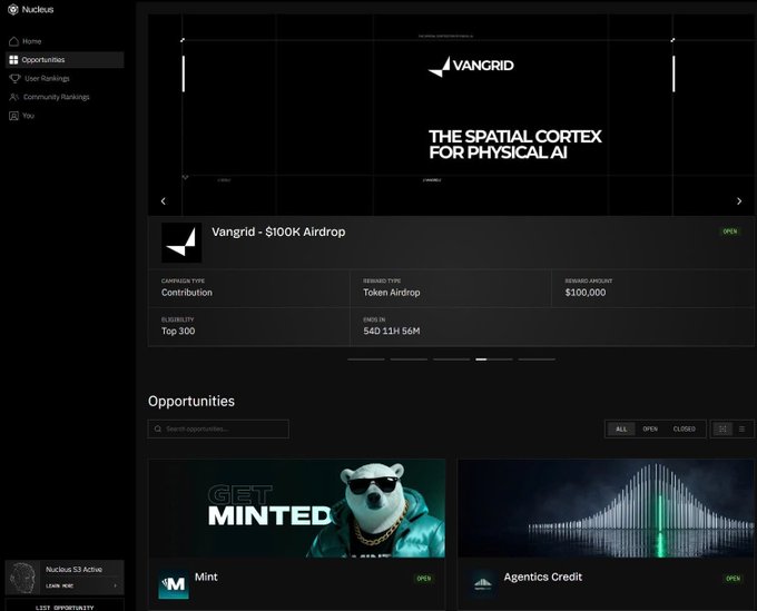 A screenshot of the Nucleus platform showing a 'Vangrid - $100K Airdrop' opportunity for a token airdrop with 54D 11H 56M remaining, alongside other listed opportunities like Mint and Agentics Credit.