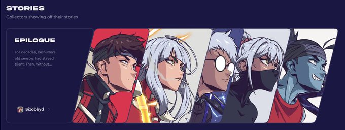 A digital interface titled "STORIES - Collectors showing off their stories" features an "EPILOGUE" section by user Bizobbyd with the text "For decades, Kashama's old seniors had stayed silent. Then, without..." alongside character artwork.