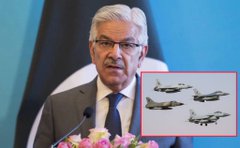 A man in a suit with glasses speaking at a podium, with an inset image of fighter jets displayed in the corner.