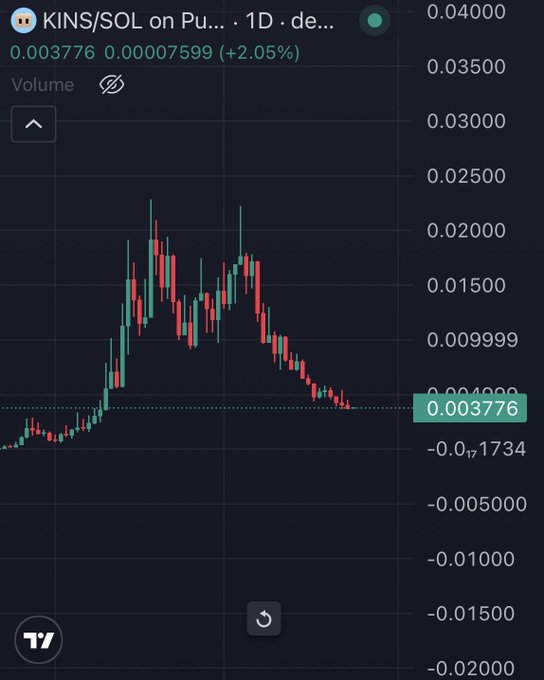 A candlestick chart shows the KINS/SOL trading pair on a 1D timeframe, with the price currently at 0.003776, up 2.05% (+0.00007599), after a sharp rally to around 0.02 followed by a steep decline—visually reinforcing the post's warning about holders suffering significant losses on $KINS.