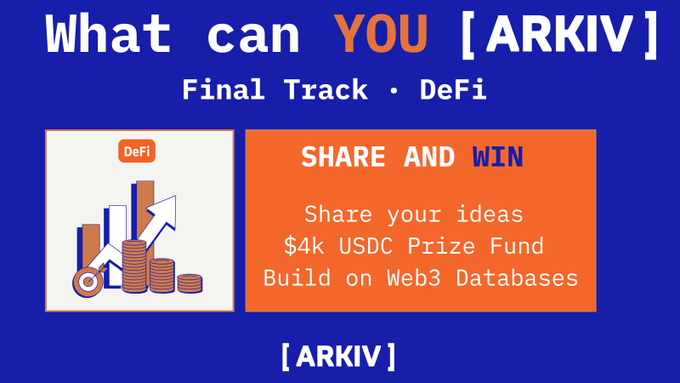 A promotional graphic on a blue background reading 'What can YOU [ARKIV] Final Track · DeFi' with a 'SHARE AND WIN' call to action, a $4k USDC prize fund, and an illustration of coins and an upward arrow labeled 'DeFi'.