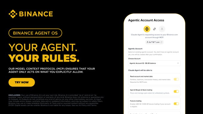 A Binance promotional banner for "Agent OS" promotes user-controlled AI agent permissions with the tagline "YOUR AGENT. YOUR RULES." alongside a "TRY NOW" button, while a mockup of a phone screen displays the "Agentic Account Access" settings interface showing options like "Read account and market data," "Spot & Margin & Stock trading," and "Futures trading" toggles, visually reinforcing the post's message about letting users choose what their AI agent can access, set permissions, and maintain control.