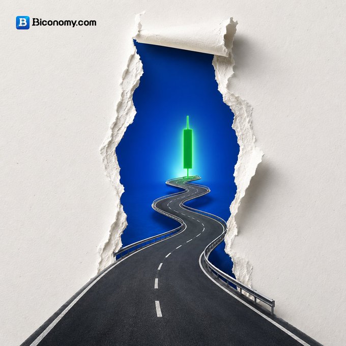 An artistic image from Biconomy.com showing a torn paper effect revealing a winding road leading toward a glowing green candlestick chart symbol on a blue background.