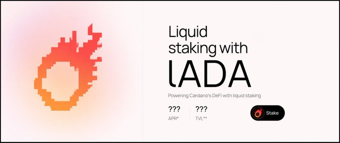 An advertisement for 'Liquid staking with LADA' powering Cardano's DeFi, featuring the LADA logo and a 'Stake' button, with APR and TVL values marked as '???'.