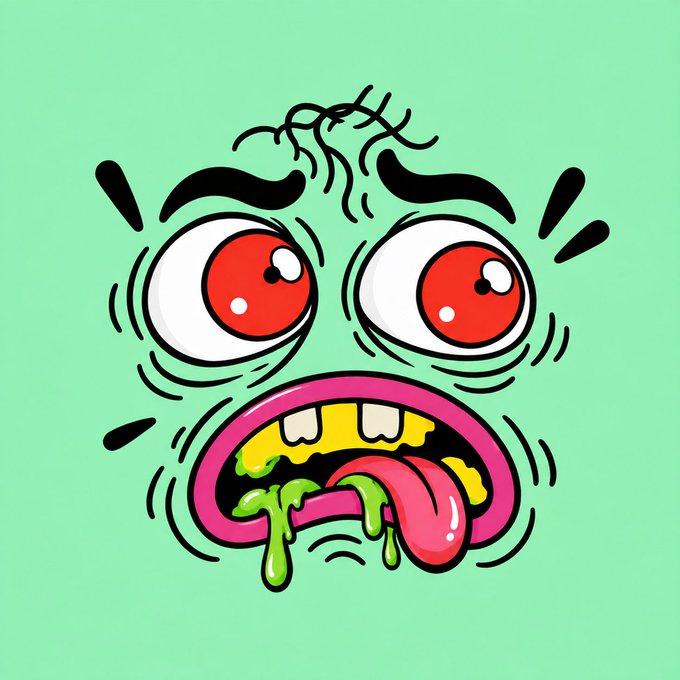 A cartoon illustration of a wide-eyed, sickly green face with red eyes, drooling green slime and sticking out a tongue against a matching green background.