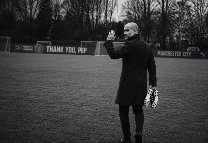 A black-and-white photo shows Pep Guardiola waving on a football pitch, with a banner behind him reading "THANK YOU, PEP" alongside "CITY CHIEF" and "MANCHESTER CITY" logos, while he holds a pair of football boots in his other hand.

The image, depicting Guardiola's farewell gesture with gratitude signage, contrasts ironically with the post's lament about people blindly following trends that drained his accounts—suggesting even celebrated figures like Pep can depart while followers are left with losses.