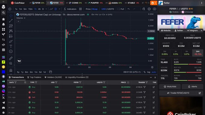 A cryptocurrency trading chart for FEFER/USDT shows a price of $0.003851, with market cap $3.8M and various transaction details on CoinPoker.