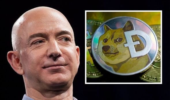 A photograph of Jeff Bezos next to an inset image of the Dogecoin cryptocurrency coin featuring the Shiba Inu dog logo.