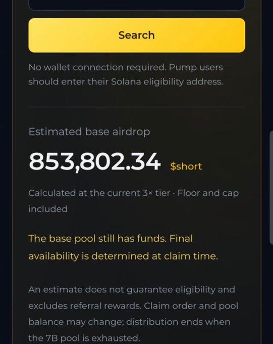 A mobile app interface displays an estimated base airdrop of 853,802.34 $short, with text explaining that no wallet connection is required and users should enter their Solana eligibility address.