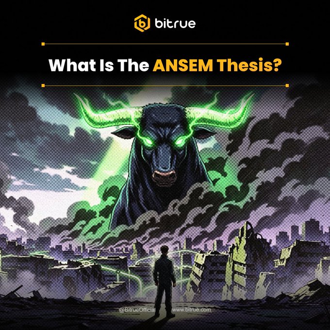 A dramatic illustration shows a giant glowing green-eyed bull emerging from dark clouds over a destroyed cityscape, with a small silhouetted figure standing before it. The image features the Bitrue logo and the title "What Is The ANSEM Thesis?" in bold white and yellow text, visually representing the bullish memecoin momentum discussed in the accompanying post.