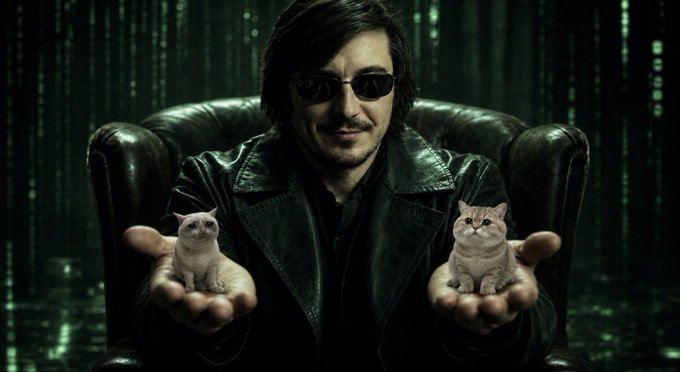 A stylized image of a person wearing sunglasses and a black leather jacket, sitting in a chair and holding two cats (one white, one tabby) in their hands against a digital green background.