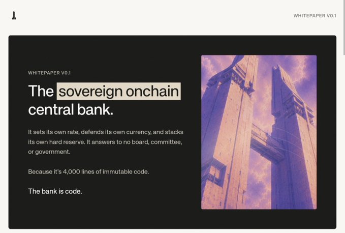 A whitepaper page titled 'WHITEPAPER V0.1' introducing 'The sovereign onchain central bank,' describing it as 4,000 lines of immutable code with an image of a bridge.