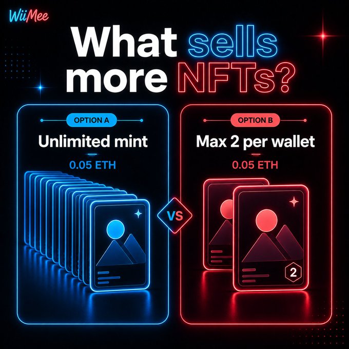A promotional graphic by WiiMee titled 'What sells more NFTs?', comparing 'OPTION A Unlimited mint' versus 'OPTION B Max 2 per wallet', both priced at 0.05 ETH.