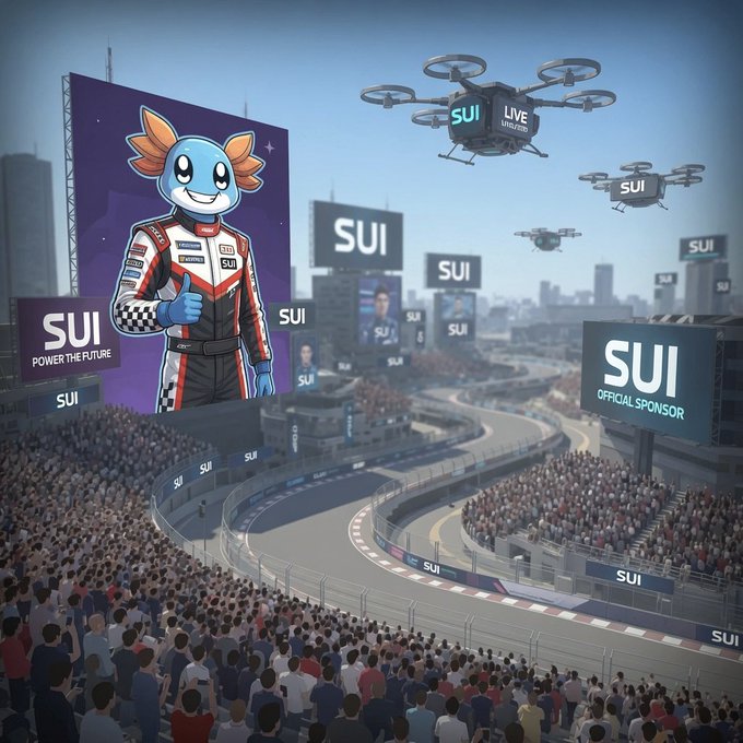 A 3D-rendered promotional scene showing the Sui blockchain mascot (an axolotl character) on a large billboard at a racing circuit, with Sui-branded drones and 'POWER THE FUTURE' and 'OFFICIAL SPONSOR' banners.