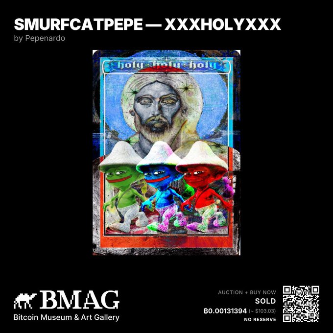 A digital artwork titled 'SMURFCATPEPE — XXXHOLYXXX' by Pepenardo on BMAG, depicting three multi-colored smurf-cat figures before a religious-style portrait, sold for B0.00131394 (~$103.03).