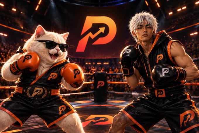 A muscular white-haired male fighter wearing black and orange boxing gear stands in a boxing ring next to a white cat wearing sunglasses and matching orange boxing gloves, with a stylized 'P' logo in the background.