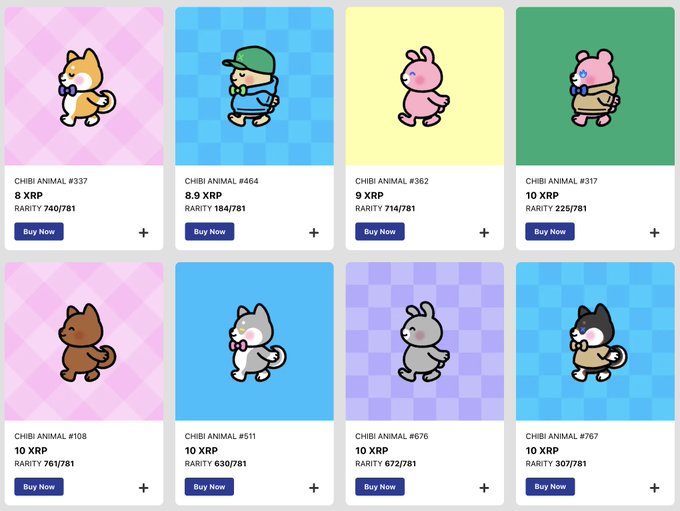 A grid of eight cartoon NFT collectibles called 'CHIBI ANIMAL' on the XRP Ledger, priced between 8-10 XRP with varying rarity rankings (e.g., 740/781, 225/781) and 'Buy Now' buttons.