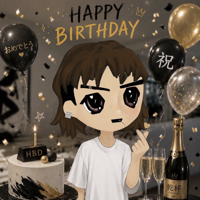 A chibi-style anime illustration of a brown-haired character celebrating, surrounded by balloons (some reading 'おめでとう' and '祝'), a birthday cake with 'HBD' on top, champagne glasses, and the text 'HAPPY BIRTHDAY'.