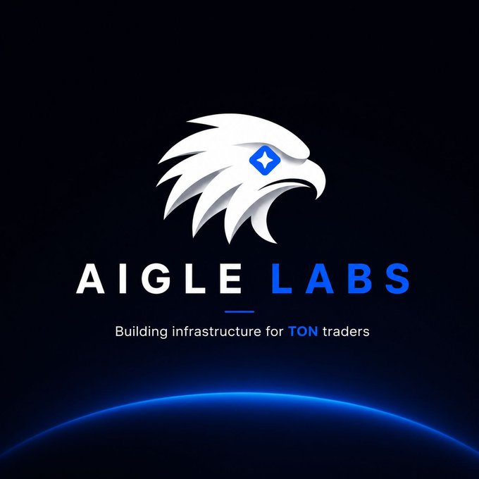 A logo for 'AIGLE LABS' featuring a white eagle head with a blue diamond eye, with the tagline 'Building infrastructure for TON traders' on a dark background.