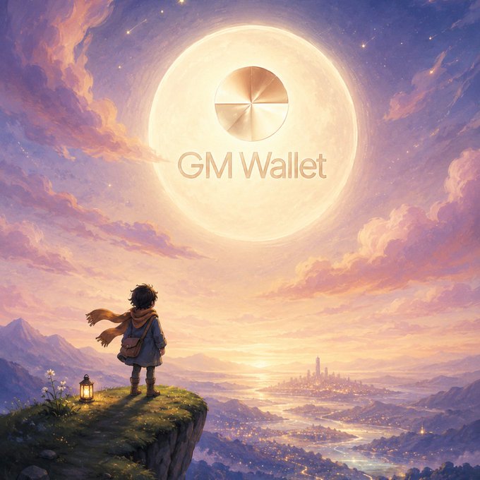 A fantasy illustration of a character looking out over a landscape towards a distant city, with a large glowing moon in the sky displaying the 'GM Wallet' logo.