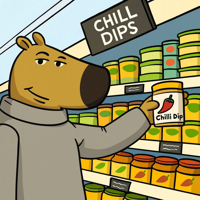 A cartoon capybara in a gray hoodie smirks while holding a jar of "Chilli Dip" in a grocery aisle labeled "CHILL DIPS," surrounded by shelves of colorful jars. The image humorously plays on the "chill" double meaning—the capybara looks laid-back while browsing spicy dips.
