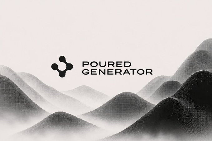 A minimalist black and white logo image featuring "POURED GENERATOR" text alongside a geometric icon, set against a stylized mountain background.