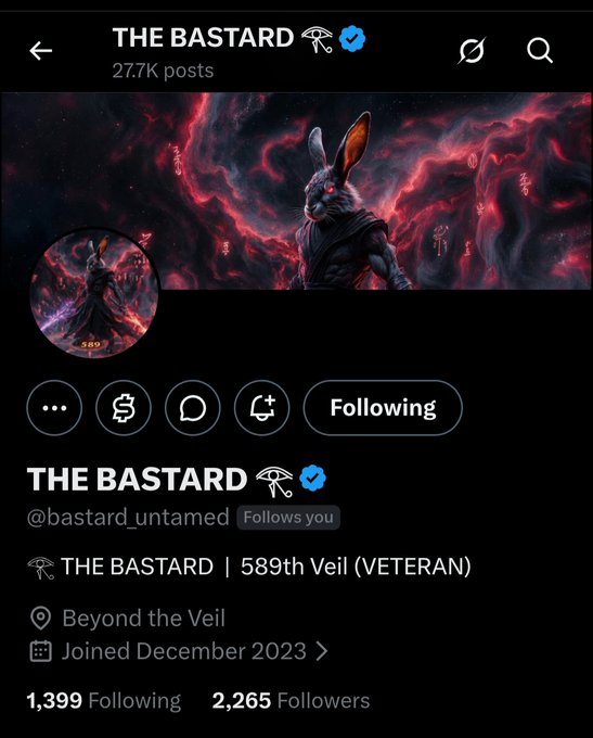 This is the X (Twitter) profile page for "THE BASTARD" (@bastard_untamed), a verified account with 27.7K posts and 2,265 followers, identified as a "589th Veil (VETERAN)" who joined in December 2023. The banner and profile image feature a dark fantasy rabbit-like figure against a cosmic backdrop with red nebula effects. The image directly supports the accompanying post, which gives a shoutout to @bastard_untamed as a "true XRP OG in the worldwide XRP HODL Community" and encourages others to follow him.