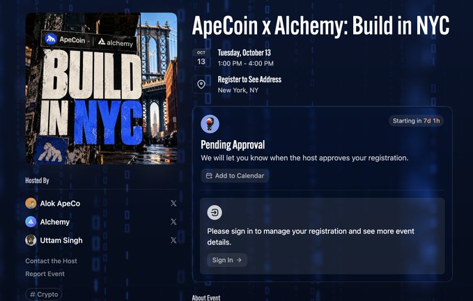 An event registration page titled 'ApeCoin x Alchemy: Build in NYC' scheduled for Tuesday, October 13 from 1:00 PM to 4:00 PM, hosted by Alok ApeCo, Alchemy, and Uttam Singh.