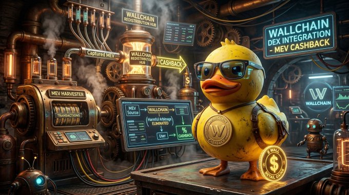 An AI-generated advertisement featuring a duck wearing sunglasses in a steampunk factory setting, promoting 'WALLCHAIN' with text about 'MEV HARVESTER', 'Captured MEV', and 'CASHBACK'.
