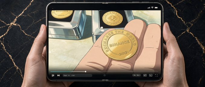 An illustration of hands holding a tablet displaying Binance token coins and 'BINANCE TOKEN' branding, representing crypto trading.