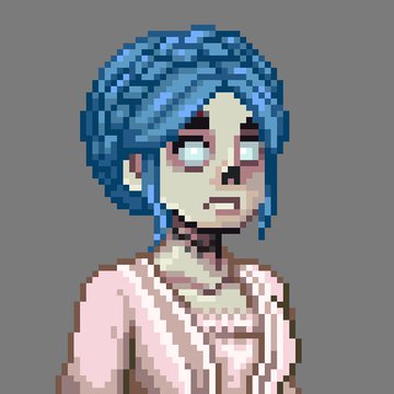 Pixel art of a character with blue hair, red eyes, and a pink top against a solid gray background.