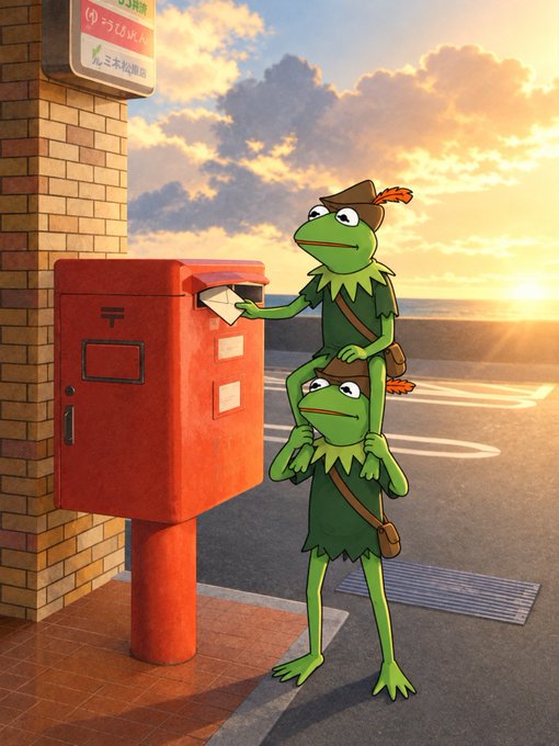 An anime-style illustration of Kermit the Frog dressed as Robin Hood, carrying another Kermit on his shoulders, dropping a letter into a red Japanese postal box at sunset.