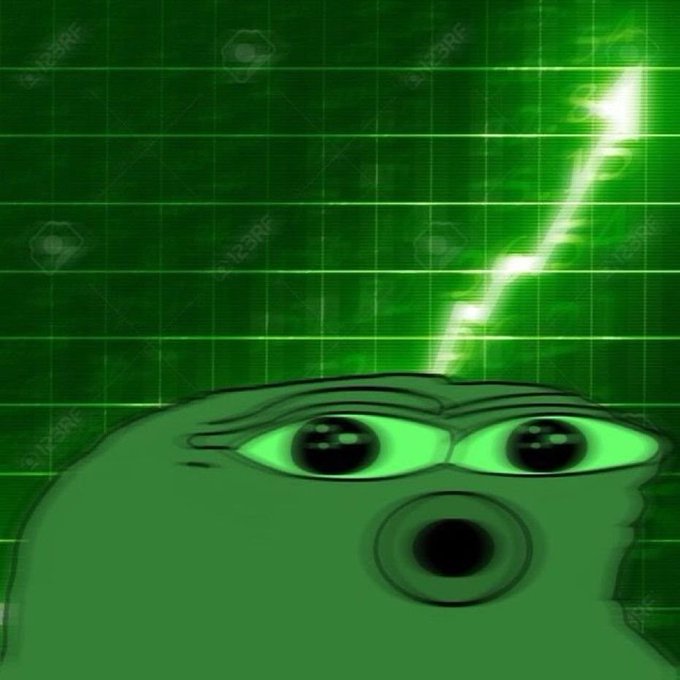 The image features a green frog with big eyes and an open mouth, giving it a creepy appearance. The background of the image is a grid of green squares, creating a sense of depth and dimension. There are also some numbers visible on the image that seem to be related to cryptocurrency trading or market trends.