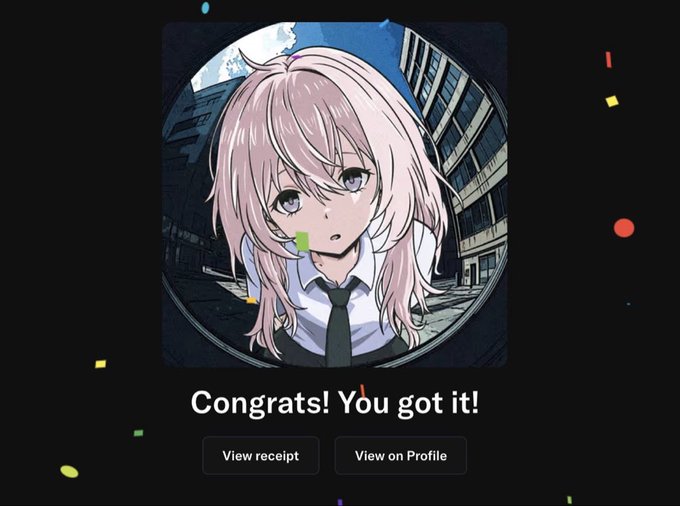 An anime-style NFT or digital collectible confirmation screen showing a pink-haired character with the text 'Congrats! You got it!' and buttons to view the receipt or profile.