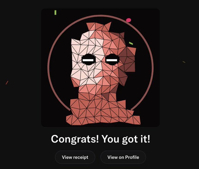A confirmation message displays "Congrats! You got it!" beneath a geometric, low-poly portrait of a hooded figure with obscured eyes, framed by a circular border on a dark background, with "View receipt" and "View on Profile" buttons below. The image serves as a success notification confirming the user's minting of a WizardX NFT, aligning with their post about acquiring the art piece regardless of price.