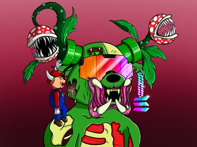 A cartoon illustration showing a monstrous green Piranha Plant creature with a visor and tusks standing menacingly over a small, frightened Mario figure on a pink background.