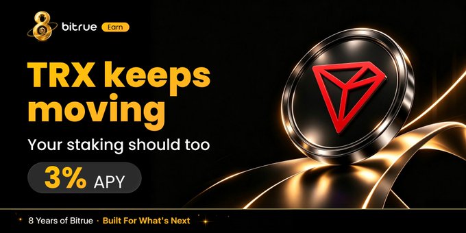 A promotional banner for Bitrue Earn featuring a glowing 3D TRX coin with text "TRX keeps moving — Your staking should too" advertising 3% APY, matching the post's call-to-action to stake $TRX starting from just 3 TRX on the platform.