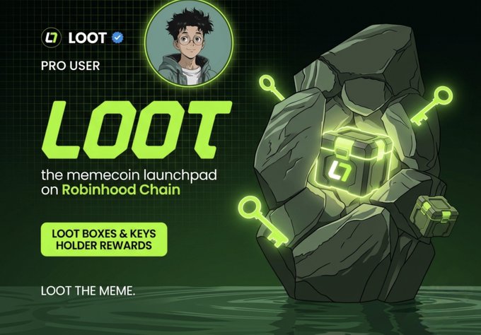 A promotional banner for LOOT, described as 'the memecoin launchpad on Robinhood Chain' featuring a PRO USER badge and an illustration of a stone golem character holding a glowing box and keys.