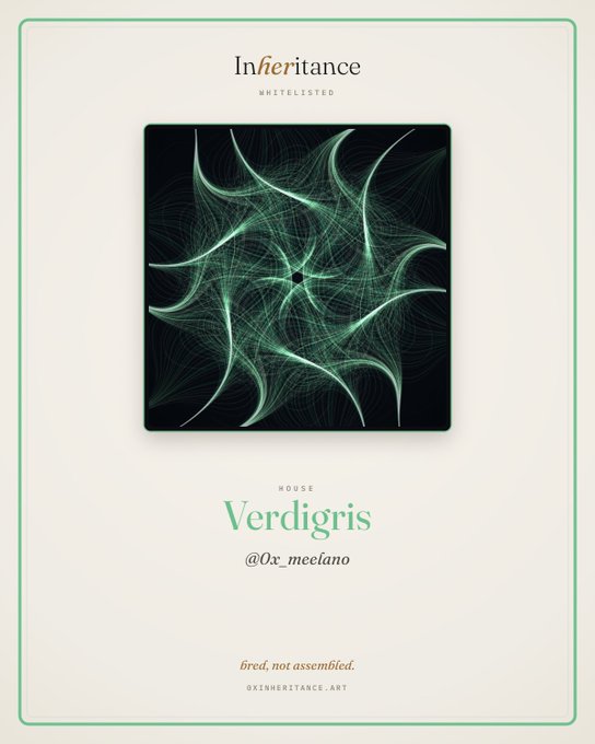 A digital artwork titled 'Verdigris' by @0x_meelano on the Inheritance whitelisted platform, featuring a swirling green fractal design with the tagline 'bred, not assembled.'