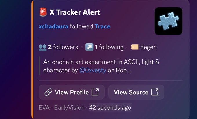 A X Tracker Alert notification shows that user "xchadaura" followed the account "Trace" (by @0xvesty), which is described as "An onchain art experiment in ASCII, light & character" with 2 followers and 1 following, posted 42 seconds ago via EVA · EarlyVision—corroborating the post's announcement of new follower notifications for the @traceforms profile.