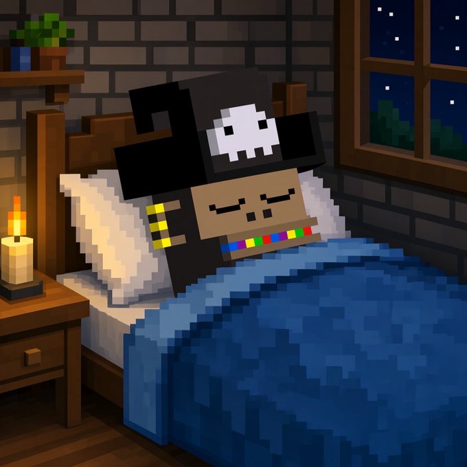 A pixel art illustration shows a Minecraft character wearing a skull hat and colorful teeth mask, sleeping in a bed with a blue blanket under a night sky visible through a window.