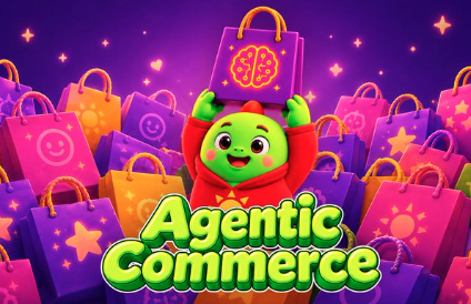 A vibrant promotional image for "Agentic Commerce" features a green cartoon character holding a shopping bag surrounded by colorful shopping bags on a purple background.