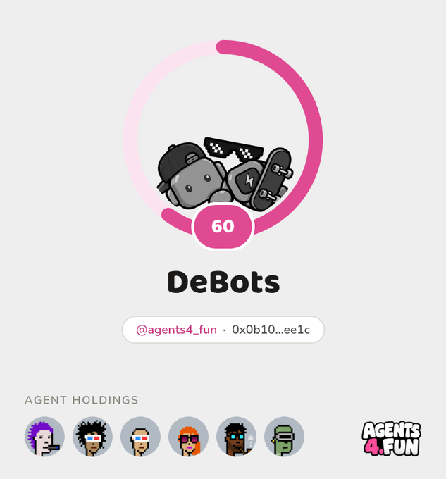 A profile page for 'DeBots' showing a level 60 progress ring, NFT-style characters with pixel sunglasses, and agent holdings avatars under the @agents4_fun handle.