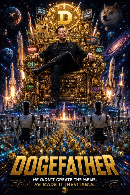 The image features a poster for the movie "Dogfather", which is about a man who becomes the father of a new planet, known as the Trillionaire. The poster includes a man sitting on a throne surrounded by various objects such as a robot, a dog, and other planets. The title of the movie is prominently displayed at the bottom of the poster in large letters.